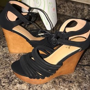 Black ankle tie wedges